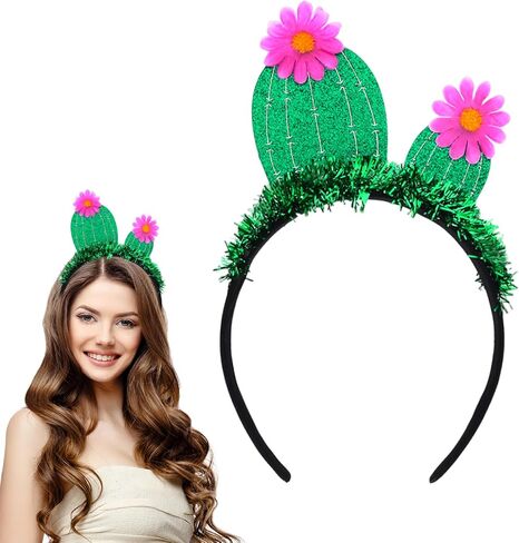 Funny Cactus Headband with Pink Flowers, Green Glitter Headband Hawaiian Headpiece Beach Summer Tropical Party Headwear Halloween Costume Cosplay Hair Accessories in Saudi Arabia