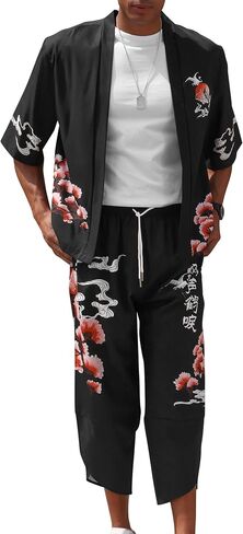 OLEMEK Men's Japanese Kimono Jacket Set Stylish Printed Open Front Cardigan Chinese Style Coat with Shorts Casual Suits in Saudi Arabia