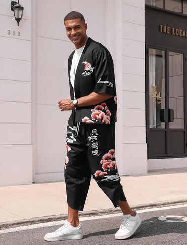 OLEMEK Men's Japanese Kimono Jacket Set Stylish Printed Open Front Cardigan Chinese Style Coat with Shorts Casual Suits in Saudi Arabia