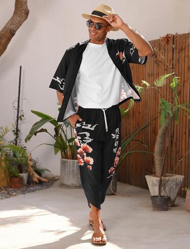 OLEMEK Men's Japanese Kimono Jacket Set Stylish Printed Open Front Cardigan Chinese Style Coat with Shorts Casual Suits in Saudi Arabia