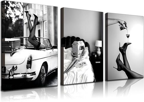 3pcs Stylish Women Reading Newspaper Before Bed Wall Art, High Heels Vintage Car Posters, Feminist Black And White Vintage Canvas Prints pictures ， Home living room wall decoration bar cart (Unframed, in Saudi Arabia