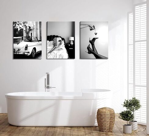 3pcs Stylish Women Reading Newspaper Before Bed Wall Art, High Heels Vintage Car Posters, Feminist Black And White Vintage Canvas Prints pictures ， Home living room wall decoration bar cart (Unframed, in Saudi Arabia