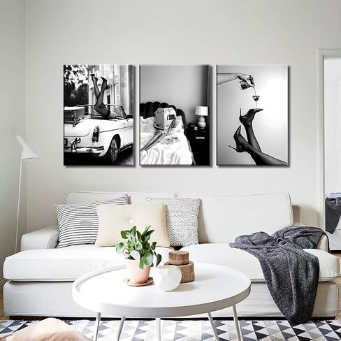3pcs Stylish Women Reading Newspaper Before Bed Wall Art, High Heels Vintage Car Posters, Feminist Black And White Vintage Canvas Prints pictures ， Home living room wall decoration bar cart (Unframed, in Saudi Arabia