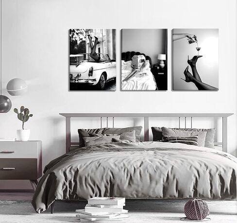 3pcs Stylish Women Reading Newspaper Before Bed Wall Art, High Heels Vintage Car Posters, Feminist Black And White Vintage Canvas Prints pictures ， Home living room wall decoration bar cart (Unframed, in Saudi Arabia