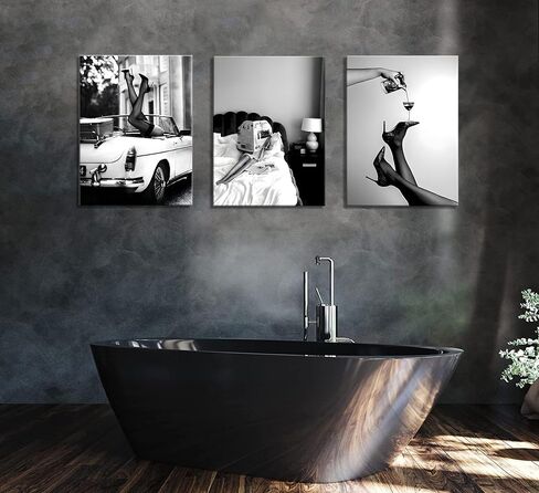 3pcs Stylish Women Reading Newspaper Before Bed Wall Art, High Heels Vintage Car Posters, Feminist Black And White Vintage Canvas Prints pictures ， Home living room wall decoration bar cart (Unframed, in Saudi Arabia