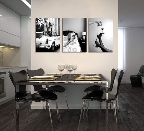 3pcs Stylish Women Reading Newspaper Before Bed Wall Art, High Heels Vintage Car Posters, Feminist Black And White Vintage Canvas Prints pictures ， Home living room wall decoration bar cart (Unframed, in Saudi Arabia