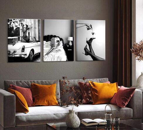 3pcs Stylish Women Reading Newspaper Before Bed Wall Art, High Heels Vintage Car Posters, Feminist Black And White Vintage Canvas Prints pictures ， Home living room wall decoration bar cart (Unframed, in Saudi Arabia