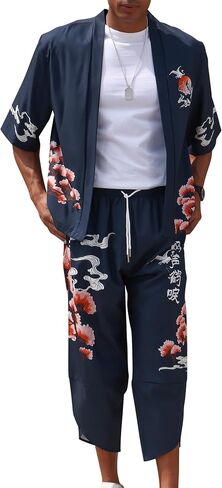 OLEMEK Men's Japanese Kimono Jacket Set Stylish Printed Open Front Cardigan Chinese Style Coat with Shorts Casual Suits in Saudi Arabia