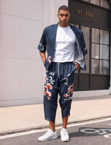 OLEMEK Men's Japanese Kimono Jacket Set Stylish Printed Open Front Cardigan Chinese Style Coat with Shorts Casual Suits in Saudi Arabia