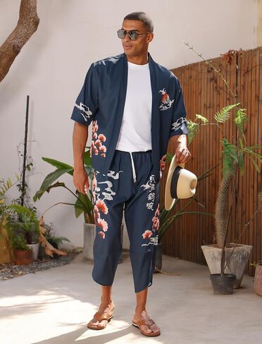 OLEMEK Men's Japanese Kimono Jacket Set Stylish Printed Open Front Cardigan Chinese Style Coat with Shorts Casual Suits in Saudi Arabia
