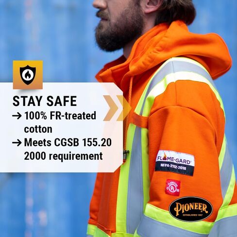 Pioneer Hi Vis Flame Resistant Safety Hoodie for Men and Women - Zip Up Black Cotton Hoodie - Pockets - Detachable Snap Hood in Kuwait