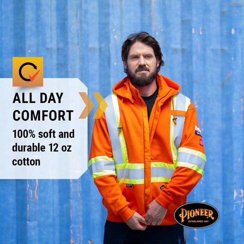 Pioneer Hi Vis Flame Resistant Safety Hoodie for Men and Women - Zip Up Black Cotton Hoodie - Pockets - Detachable Snap Hood in Kuwait