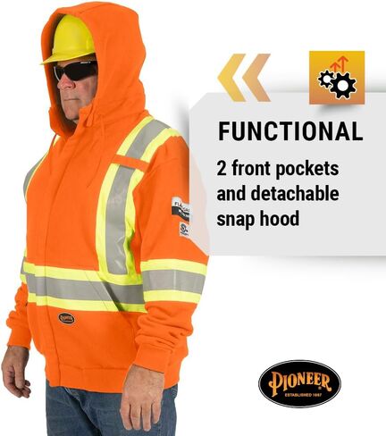 Pioneer Hi Vis Flame Resistant Safety Hoodie for Men and Women - Zip Up Black Cotton Hoodie - Pockets - Detachable Snap Hood in Kuwait