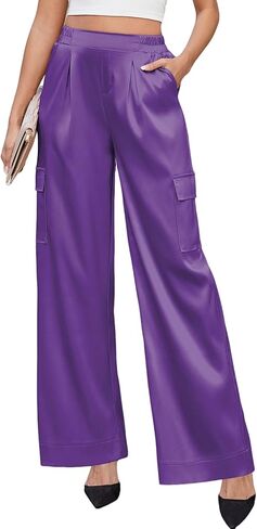 ZAFUL Womens Satin Pants Wide Leg High Waisted Cargo Pants Silky Dressy Casual Slack Trousers in Kuwait