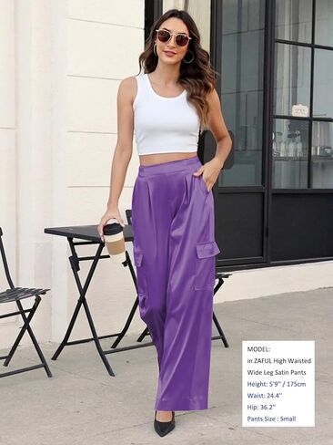 ZAFUL Womens Satin Pants Wide Leg High Waisted Cargo Pants Silky Dressy Casual Slack Trousers in Kuwait