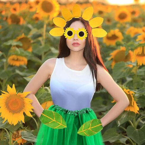 Beelittle Funny Sunflower Costume Headband Glasses Leaf Glove Tutu Performance Props for Women Halloween Festival in Kuwait