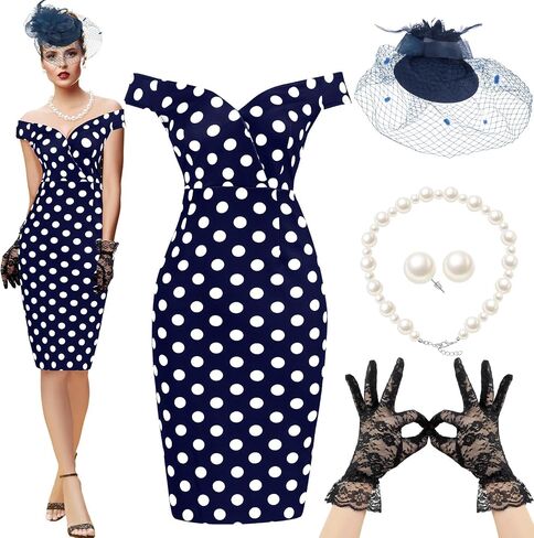 JenPen 5 Pcs Women's Vintage Polka Dot Dress Retro Pencil Dress Floral Spring Costume for Derby Tea Party Cocktail(X-Large,Elegant) in Saudi Arabia