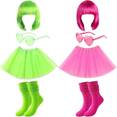 80's Rock Star Costume Neon Tutu and Heart Shaped Sunglasses Wig Set, Skeletons Halloween Party Outfits in Kuwait