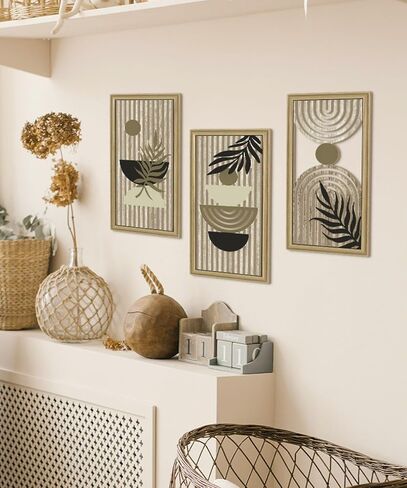 Putuo Decor Boho Abstract Wall Art ، مجموعة من 3 ، ديكور جدران خشبي نباتية ، زرقاء منتصف القرن ، عمل فني مؤطر لغرفة المعيشة ، المكتب in Saudi Arabia