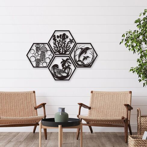 Xedatric African Safari Metal Wall Art-أسد أسود غير لامع من 4 قطع ، الفيل ، الزرافة وديكور وحيد القرن-فن الجدار الأفريقي المقاوم للصدأ للمنزل أو المكتب in Kuwait
