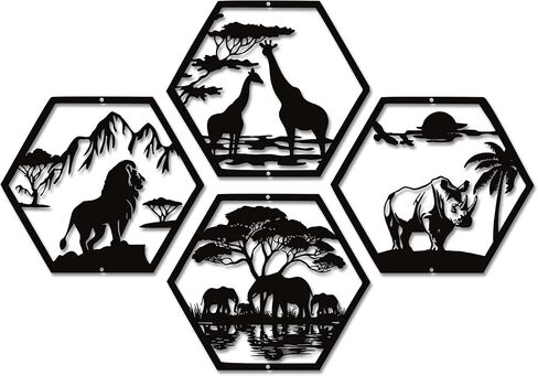Xedatric African Safari Metal Wall Art-أسد أسود غير لامع من 4 قطع ، الفيل ، الزرافة وديكور وحيد القرن-فن الجدار الأفريقي المقاوم للصدأ للمنزل أو المكتب in Kuwait