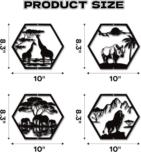 Xedatric African Safari Metal Wall Art-أسد أسود غير لامع من 4 قطع ، الفيل ، الزرافة وديكور وحيد القرن-فن الجدار الأفريقي المقاوم للصدأ للمنزل أو المكتب in Kuwait