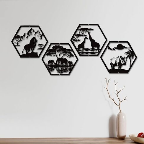 Xedatric African Safari Metal Wall Art-أسد أسود غير لامع من 4 قطع ، الفيل ، الزرافة وديكور وحيد القرن-فن الجدار الأفريقي المقاوم للصدأ للمنزل أو المكتب in Kuwait