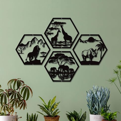 Xedatric African Safari Metal Wall Art-أسد أسود غير لامع من 4 قطع ، الفيل ، الزرافة وديكور وحيد القرن-فن الجدار الأفريقي المقاوم للصدأ للمنزل أو المكتب in Kuwait