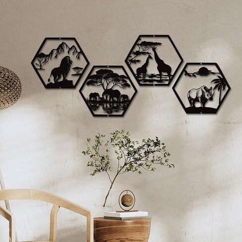 Xedatric African Safari Metal Wall Art-أسد أسود غير لامع من 4 قطع ، الفيل ، الزرافة وديكور وحيد القرن-فن الجدار الأفريقي المقاوم للصدأ للمنزل أو المكتب in Kuwait