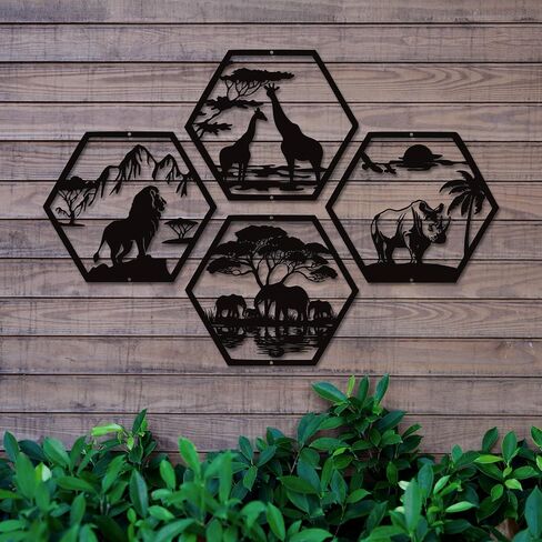 Xedatric African Safari Metal Wall Art-أسد أسود غير لامع من 4 قطع ، الفيل ، الزرافة وديكور وحيد القرن-فن الجدار الأفريقي المقاوم للصدأ للمنزل أو المكتب in Kuwait
