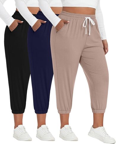 Ficerd 3 Pack Women's Plus Size Capri Sweatpants Cotton Drawstring Joggers Cropped Athletic Lounge Pants Comfy with Pockets in Kuwait