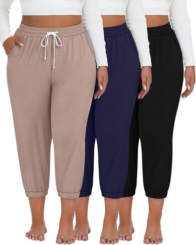 Ficerd 3 Pack Women's Plus Size Capri Sweatpants Cotton Drawstring Joggers Cropped Athletic Lounge Pants Comfy with Pockets in Kuwait
