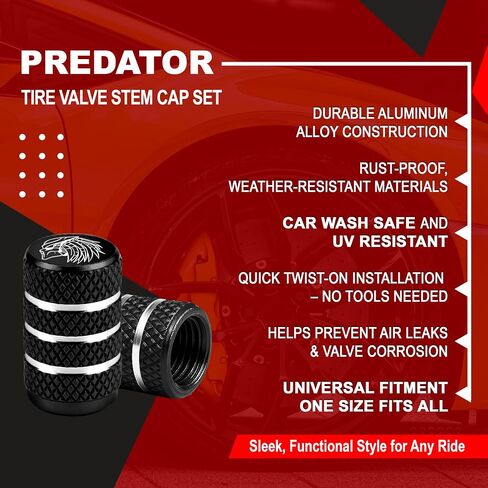 Predator Tire Valve Stem Caps, Metal, Universal Fit for Cars, Trucks, SUV, Motorcycles, Custom Automotive Accessories, 4pc Set (Black) in Kuwait