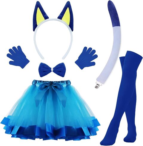 8 PCS الأزرق الكلب زي ، كرتون أفخم الكلب آذان رئيس Bowtie الذيل tutu قفازات عالية الجوارب لمدة 101 أيام من الحفلة المدرسية (الأزرق) in Kuwait