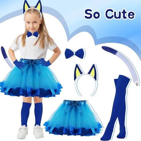 8 PCS الأزرق الكلب زي ، كرتون أفخم الكلب آذان رئيس Bowtie الذيل tutu قفازات عالية الجوارب لمدة 101 أيام من الحفلة المدرسية (الأزرق) in Kuwait