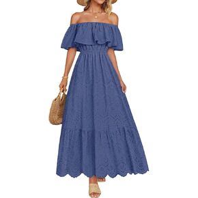 ZESICA Women's 2025 Summer Off Shoulder Ruffle Midi Dress Short Sleeve High Waist Hollow Out Embroidery Party Dresses in Kuwait