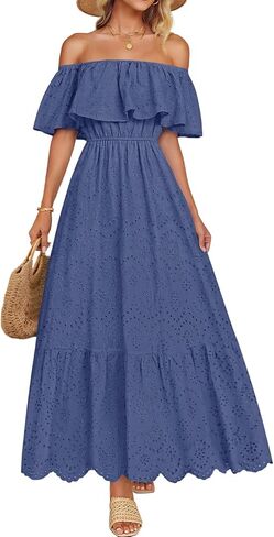 ZESICA Women's 2025 Summer Off Shoulder Ruffle Midi Dress Short Sleeve High Waist Hollow Out Embroidery Party Dresses in Kuwait