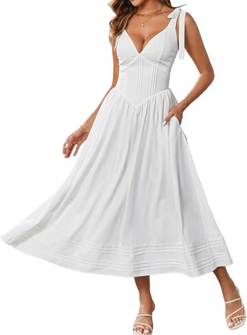 Women's Summer Midi Dress V Neck Casual Flowy A Line Sundress Wedding Guest Long Dresses with Pockets in Saudi Arabia
