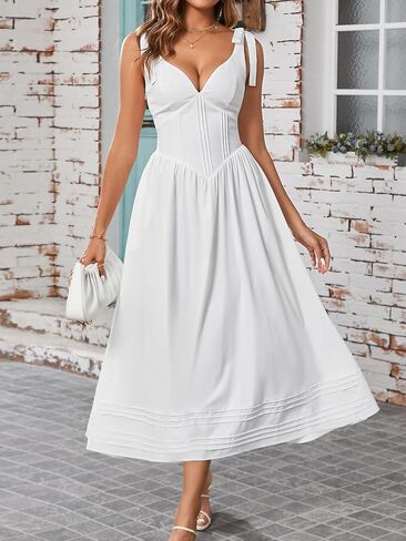 Women's Summer Midi Dress V Neck Casual Flowy A Line Sundress Wedding Guest Long Dresses with Pockets in Saudi Arabia