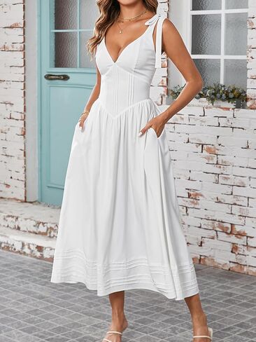 Women's Summer Midi Dress V Neck Casual Flowy A Line Sundress Wedding Guest Long Dresses with Pockets in Saudi Arabia