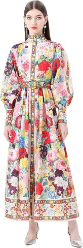 Lai Meng Five Cats Women's Puff Sleeves High Twlar Floral Prictons Prittes Slits Frichy Maxi Dress مع حزام in Saudi Arabia
