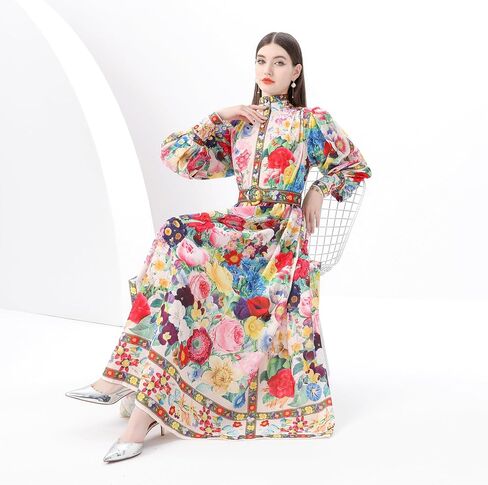 Lai Meng Five Cats Women's Puff Sleeves High Twlar Floral Prictons Prittes Slits Frichy Maxi Dress مع حزام in Saudi Arabia