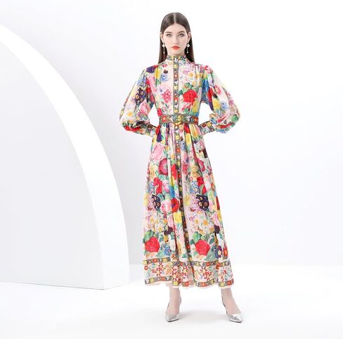 Lai Meng Five Cats Women's Puff Sleeves High Twlar Floral Prictons Prittes Slits Frichy Maxi Dress مع حزام in Saudi Arabia