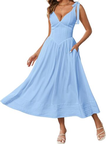 Women's Summer Midi Dress V Neck Casual Flowy A Line Sundress Wedding Guest Long Dresses with Pockets in Saudi Arabia