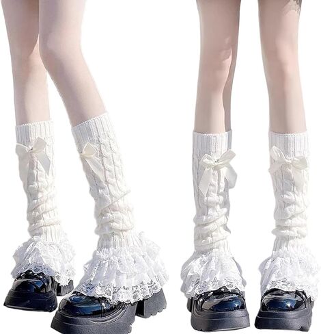 2 Pair Black and White Leg Warmers for Women, Cute Y2k Leg Warmers Bow Lace Ribbed Knit Long Socks for Girls Winter, Fashion Warmer Over Knee Pile Long Socks with Bow Trim Clothes Accessories in Saudi Arabia