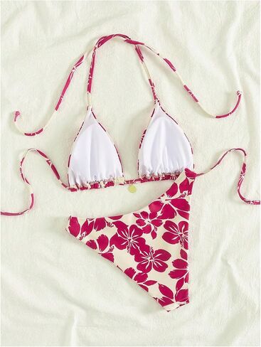 SOLY HUX Women's Boho Floral Print Halter Swimsuit Tie Back High Cut Bikini Set 2 Piece Bathing Suit in Saudi Arabia