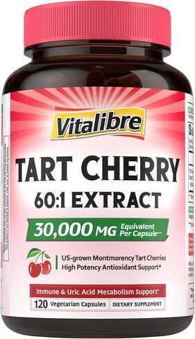 Tart Cherry Capsules, 500 mg Extract, Concentrated 60:1 Extract, 30000 mg Strength, Montmorency Tart Cherries, Uric Acid Balance, Muscle, Sleep Support, Non-GMO, 60 Vegan Capsules in Saudi Arabia