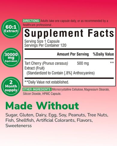 Tart Cherry Capsules, 500 mg Extract, Concentrated 60:1 Extract, 30000 mg Strength, Montmorency Tart Cherries, Uric Acid Balance, Muscle, Sleep Support, Non-GMO, 60 Vegan Capsules in Saudi Arabia