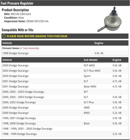 منظم ضغط الوقود - متوافق مع 1998-2003 دودج دورانجو in Saudi Arabia