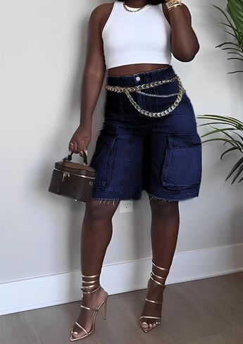 شورت جينز نسائي، شورت جينز طويل بخصر عالٍ مع جيوب in Kuwait